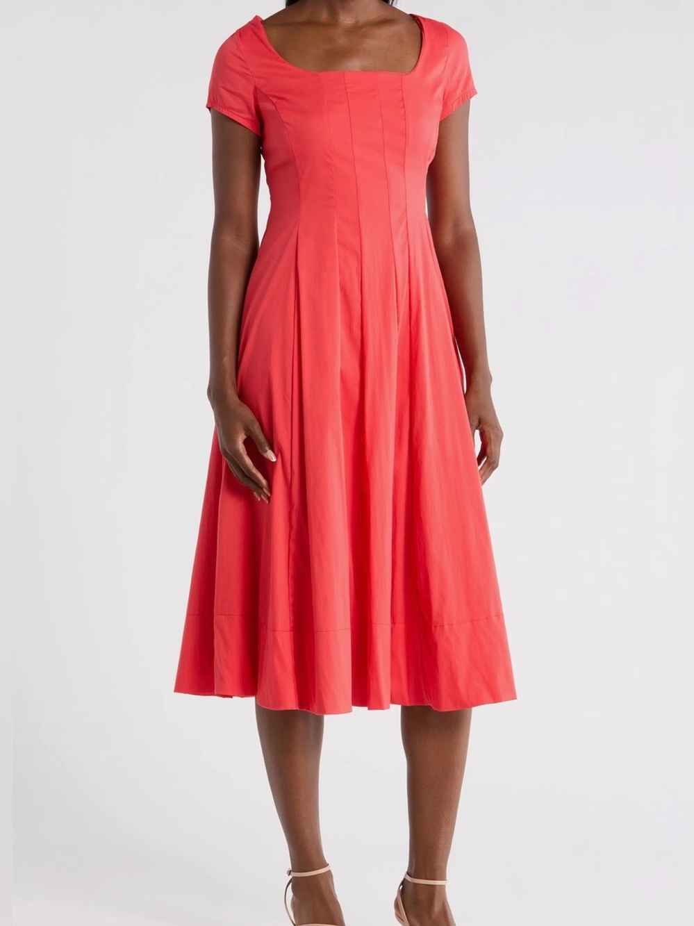 Ellen Tracey Poplin Cap Sleeve Dress - Coral